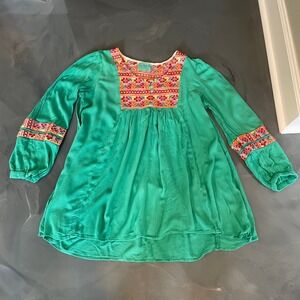 Judith March Green Embroidered Boho Tunic Top Women Large Long Sleeve Peasant